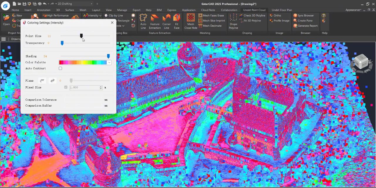 Nube de puntos coloreada por intensidad con el panel de visualización
